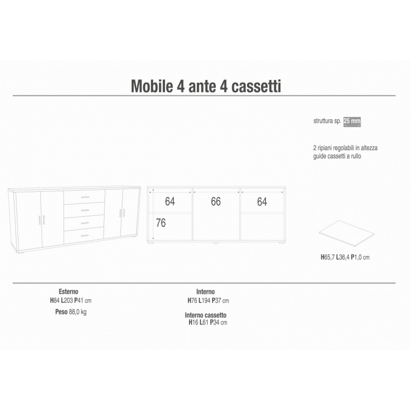 MOBILE a 4 ANTE con 4 CASSETTI in NOCE STELVIO E OSSIDO BIANCO