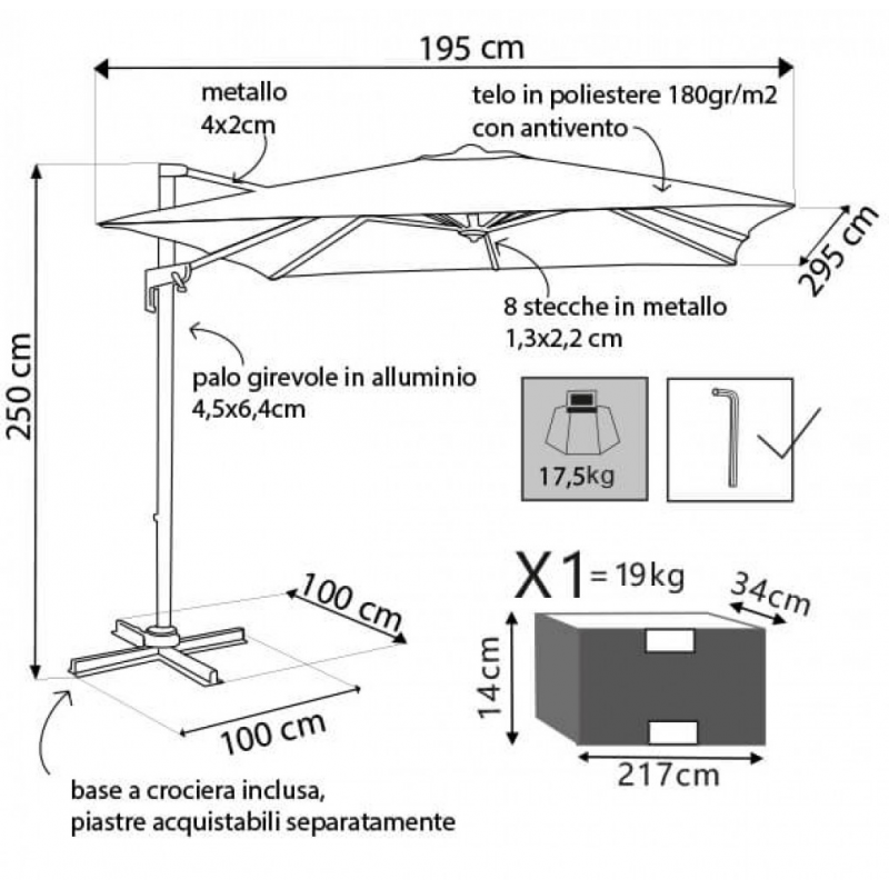 OMBRELLONE NEWTON NERO P/L 2 X 3 TELO GRIGIO