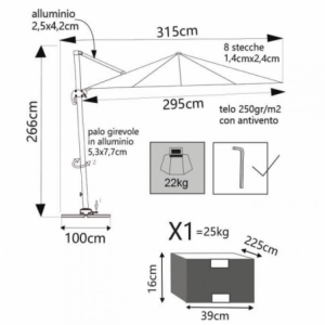 OMBRELLONE SATURNO BIANCO P/L 3 X 3 TELO TORTORA