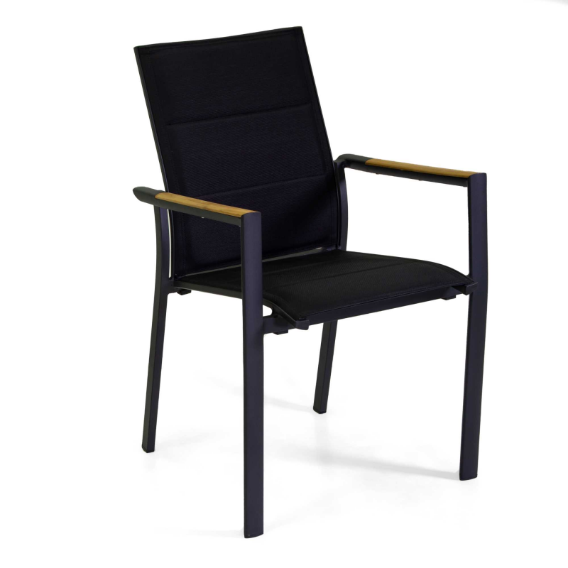 Poltrona alluminio Rachel nero con textilene nero e teak 56x58h45/88