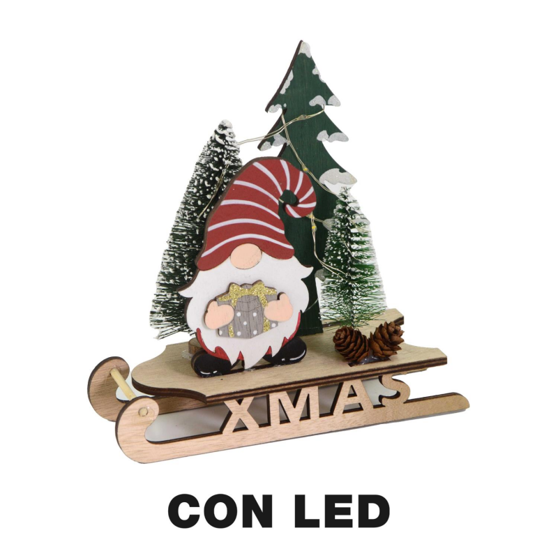 Gnomo legno su slitta led rosso cm 18x7h18,5