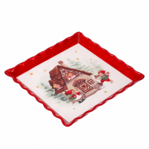 Centrotavola ceramica rosso e bianco quadro casetta cm 20,7x20,7x2,7