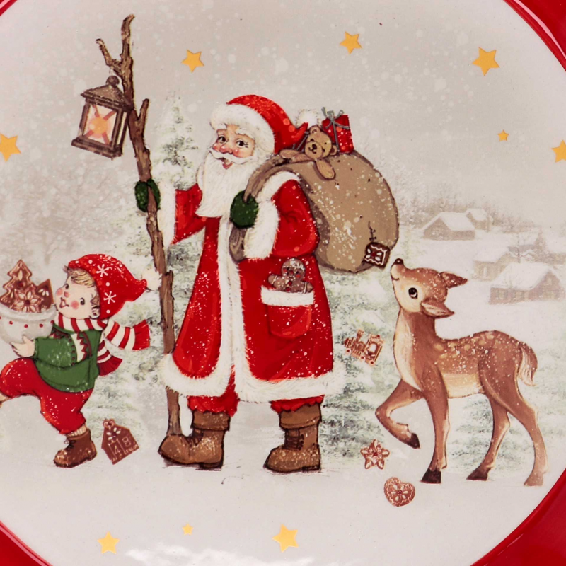 Centrotavola ceramica rosso e bianco tondo babbo Natale cm ø31h3,1