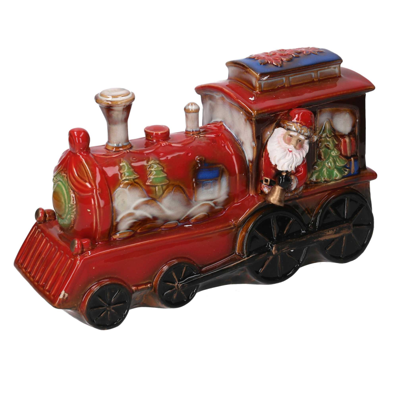 Babbo natale ceramica su trenino rosso cm 35x14h22