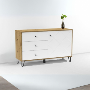 Credenza Bollo 5 con anta e 3 cassetti colore rovere e bianco