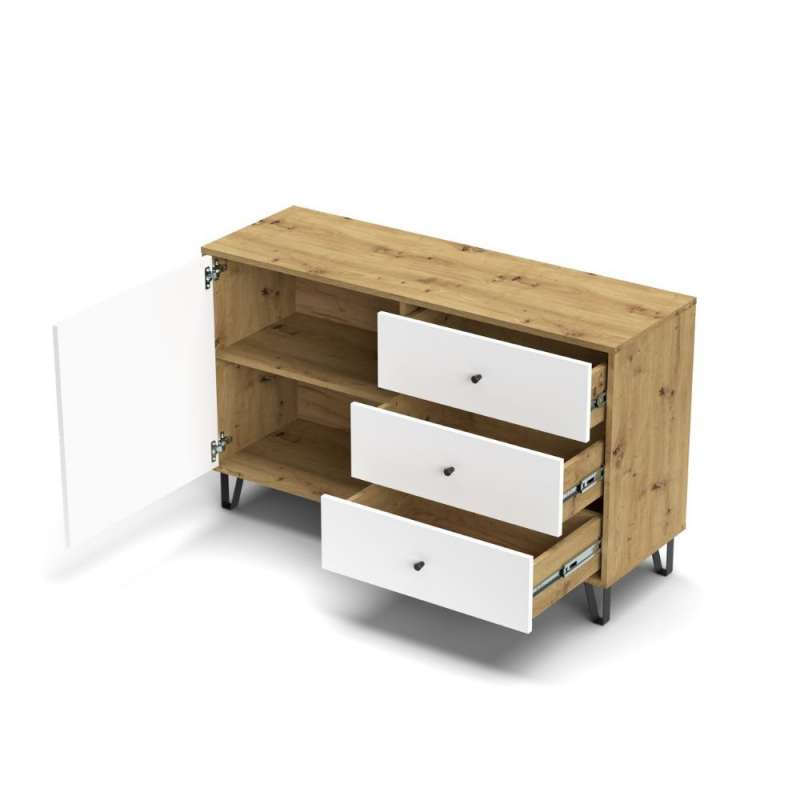 Credenza Bollo 5 con anta e 3 cassetti colore rovere e bianco