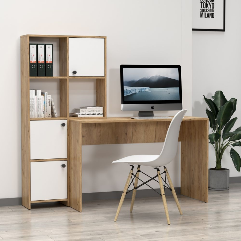 Scrivania con libreria Halk colore rovere e bianco