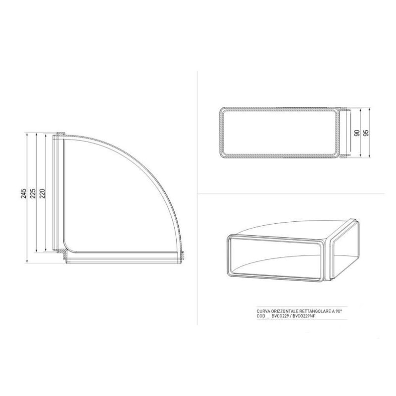 Curva orizzontale rettangolare 90 gradi per cappe BVCO229