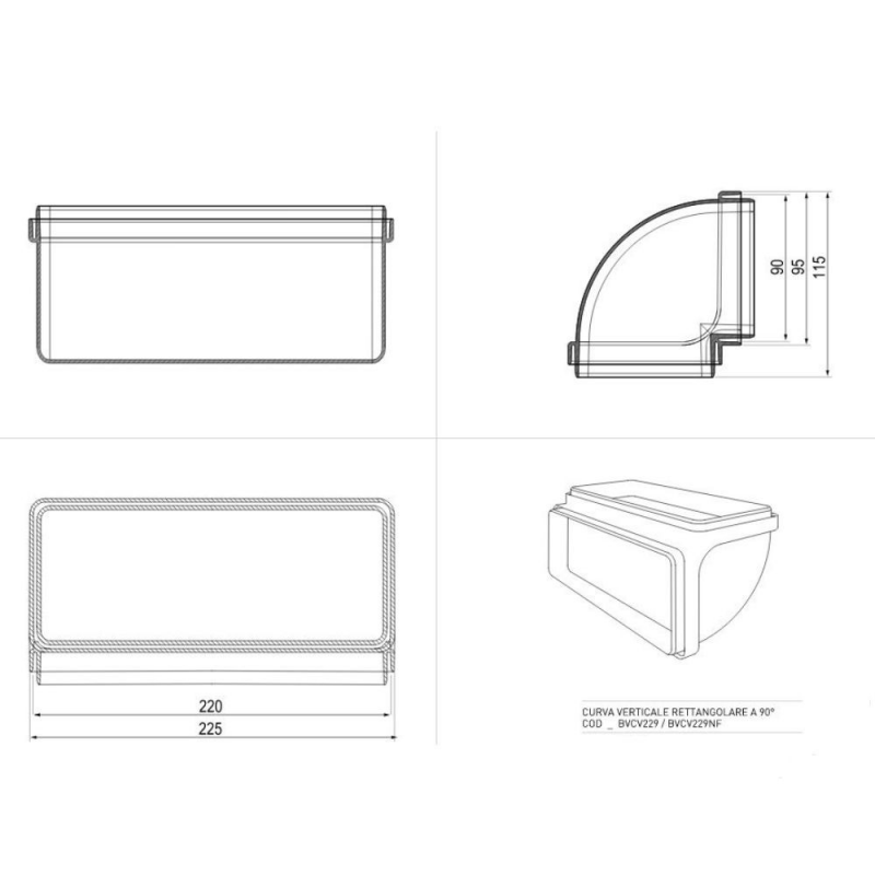Curva verticale rettangolare 90 gradi per cappe BVCV229