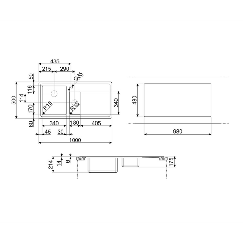 Lavello Smeg LD102D-2 1 vasca + 3/4 con gocciolatoio destro 100x50 cm in acciaio inox spazzolato