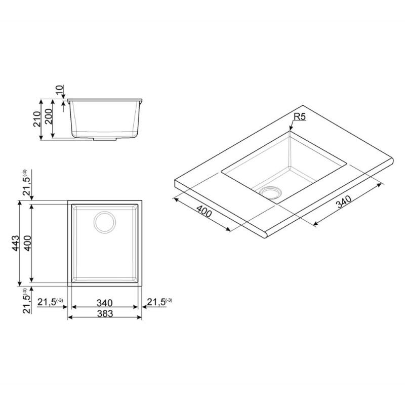 Lavello Smeg VZUM40AV2 40x34 cm sottotop 1 vasca avena