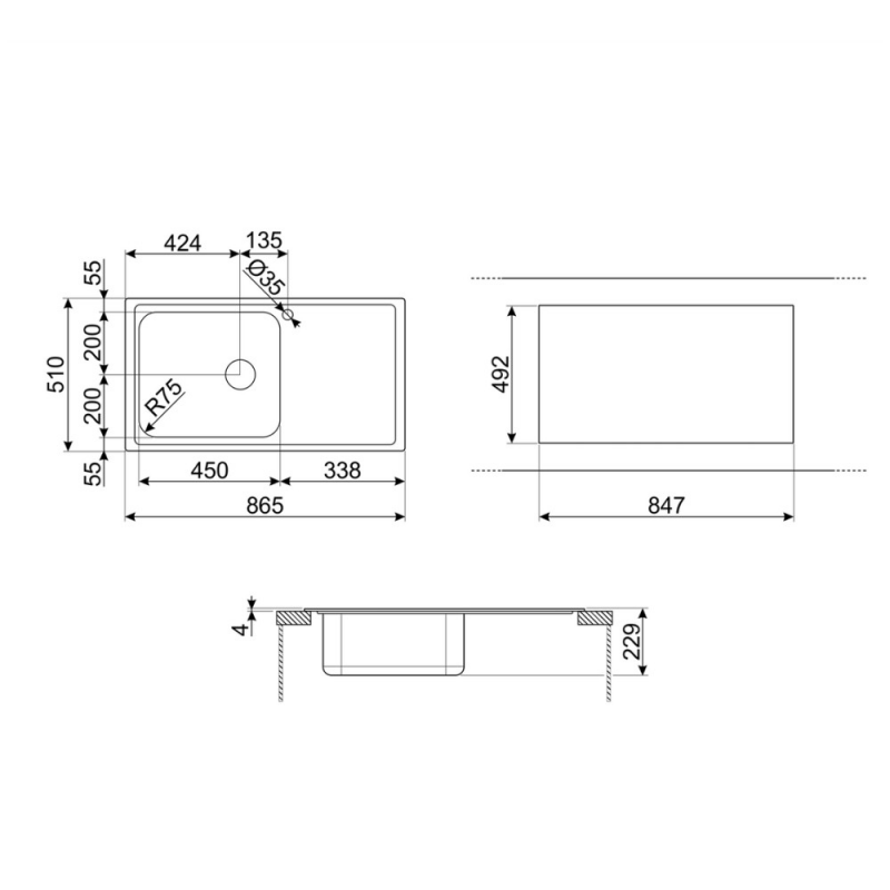 Lavello Smeg LV951D3 1 vasca con gocciolatoio destro 86x50 cm inox