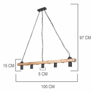 Lampada da soffitto Lagun MDL4854 in legno e corda iuta con 5 portalampada neri