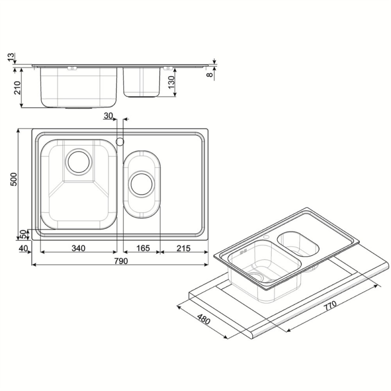 Lavello Smeg SP7915SN 79x50 cm 1+1/2 vasca con gocciolatoio sinistro acciaio inox nero