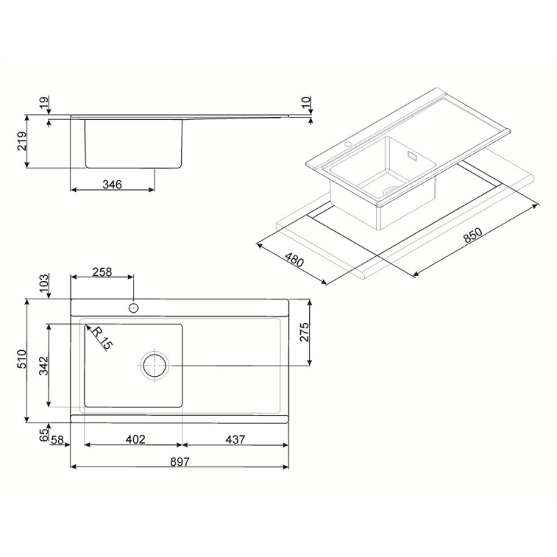 Lavello Smeg LRX901D una vasca con gocciolatoio destro 90x50 cm inox