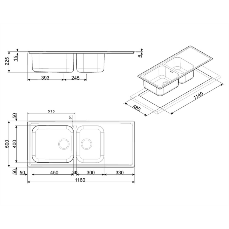 Lavello Smeg LG116D2 inox 2 vasche con gocciolatoio destro 116x50 cm