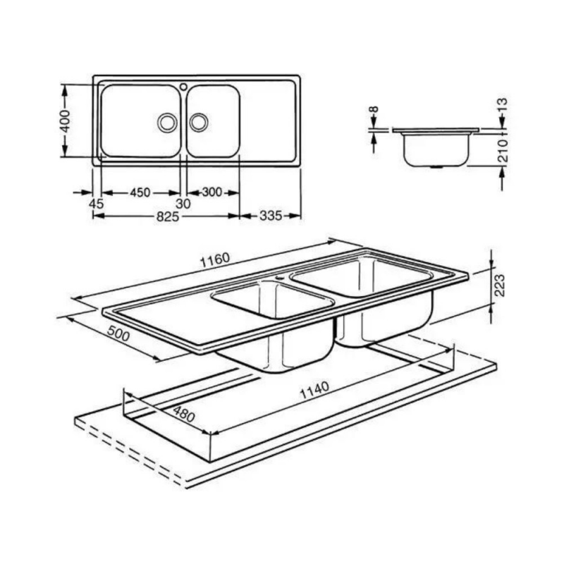 Lavello Smeg LGM116S inox 2 vasche con gocciolatoio sinistro 116x50 cm