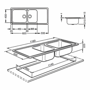 Zoom Lavello Smeg LG116S inox 2 vasche con gocciolatoio sinistro 116x50 cm