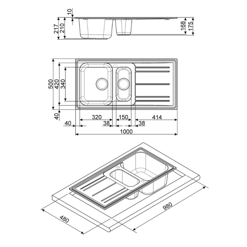 Lavello Smeg LZ102TT 1 + 1/2 vasca con gocciolatoio reversibile 100x50 cm. titanio