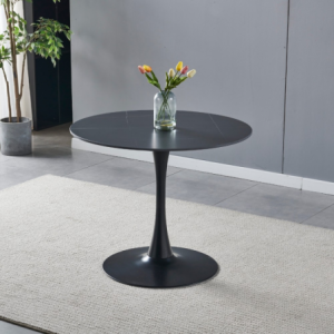 Tavolo rotondo Dot con piano in ceramica effetto marmo nero opaco con particolari oro e gamba nera