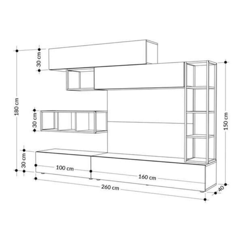 Parete attrezzata Tronador 260 cm. bianco e rovere