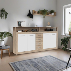 Credenza Luna XXL con struttura rovere sonoma e 4 ante bianche