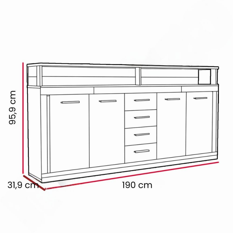 Credenza Luna XXL con struttura rovere sonoma e 4 ante bianche