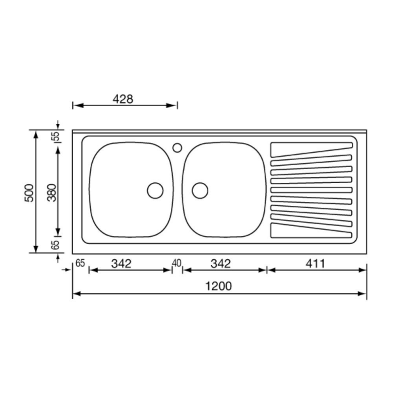 Lavello appoggio Mondial 120x50 con 2 vasche a destra e gocciolatoio sinistro con alzatina inox