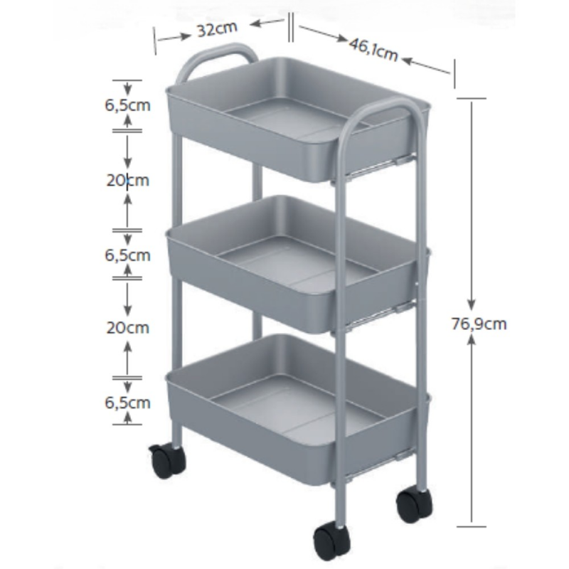 Carrello service multiuso Tier 3 ripiani con rotelle in metallo bianco