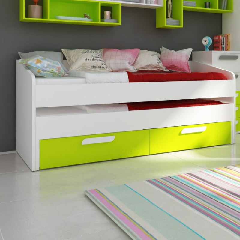 Letto singolo 1141 con letto estraibile e due cassettoni colore bianco e verde lime