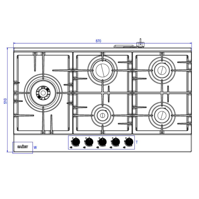 Piano cottura Samet Nettuno a gas da incasso 5 fuochi 90 cm. in acciaio