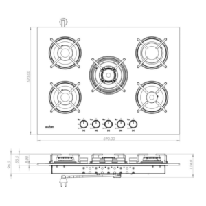 Zoom Piano cottura Samet Minerva 70 da incasso a gas 5 fuochi con manopole nere in vetro nero