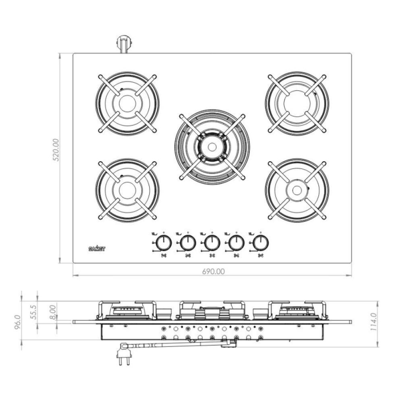 Piano cottura Samet Minerva 70 da incasso a gas 5 fuochi con manopole nere in vetro nero