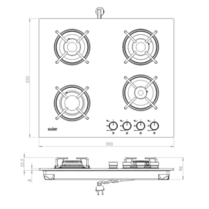 Zoom Piano cottura Samet Venere 60 da incasso a gas 4 fuochi con manopole nere e vetro bianco