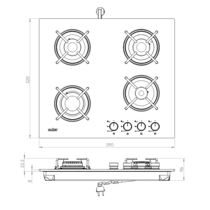 Piano cottura Samet Venere 60 da incasso a gas 4 fuochi con manopole nere e vetro bianco