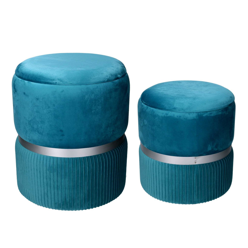 Set 2 Pouf Contenitore Ø35 cm e Ø39 cm in Tessuto Velluto Turchese