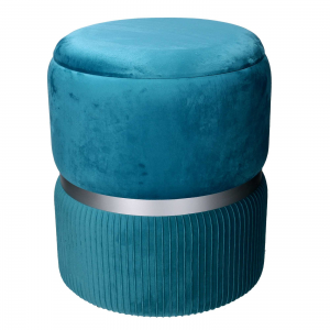 Set 2 Pouf Contenitore Ø35 cm e Ø39 cm in Tessuto Velluto Turchese