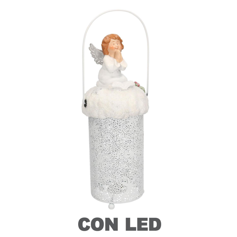 Lanterna metallo resina bianco con led angelo cm ø11h28/33