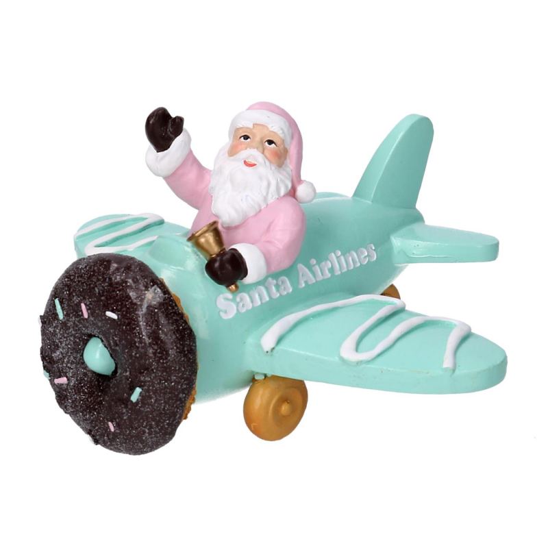 Aeroplano resina con babbo natale azzurro cm 17x14h9