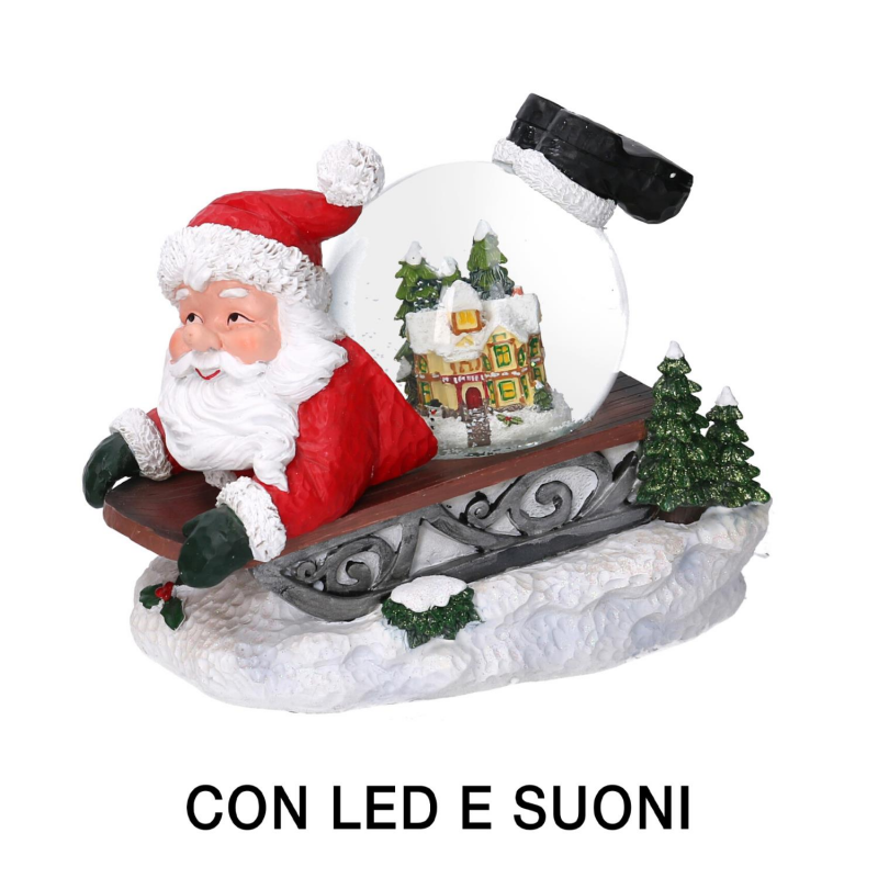 Palla di vetro led resina babbo natale slitta con musica cm 19,5x12,5h18