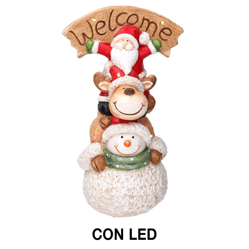 Babbo natale led resina con renna e pupazzo cm 27,5x20h48