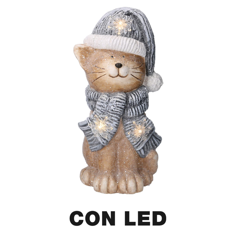 Gatto resina led cappello blu cm 19,5x18,5h40