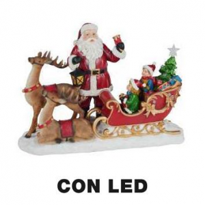 Babbo natale resina led con renna e slitta rosso cm 38,5x17,5h27