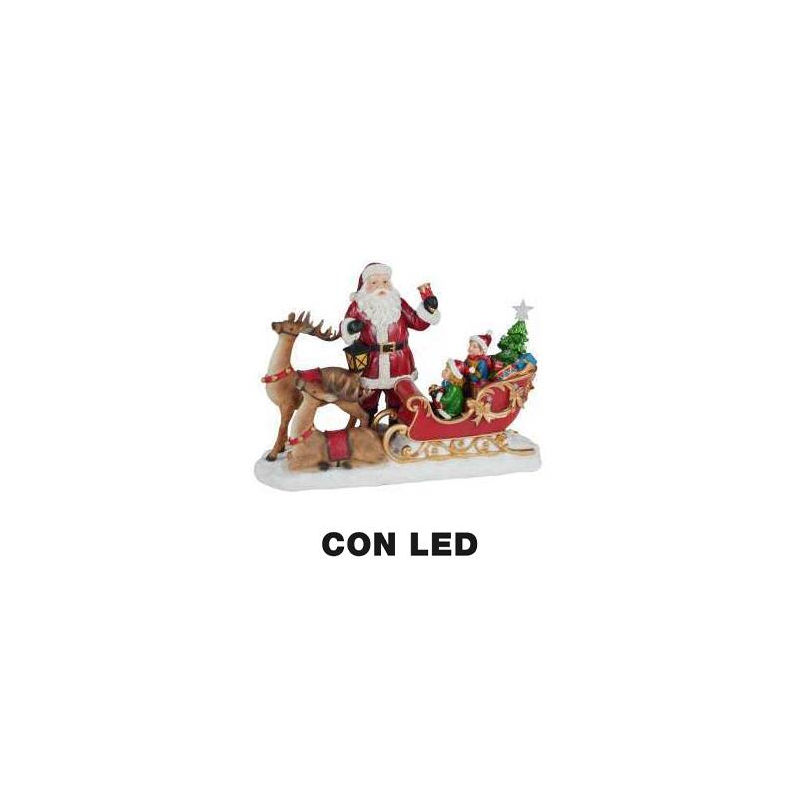 Babbo natale resina led con renna e slitta rosso cm 38,5x17,5h27