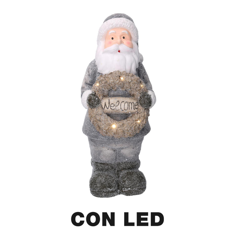 Babbo natale resina led con ghirlanda grigio cm 21,5x19,5h51