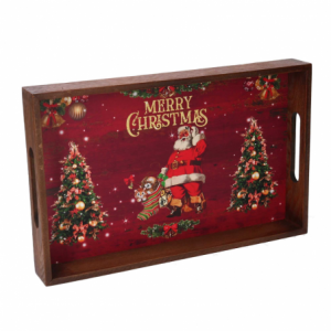 Zoom Vassoio legno 1-3 rosso verde scritta Merry Christmas rettangolare cm 45x30h4,5