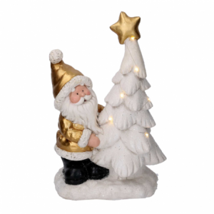 Babbo natale resina con albero e led bianco e oro cm 29x17,5h45