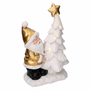 Zoom Babbo natale resina con albero e led bianco e oro cm 29x17,5h45