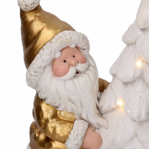 Babbo natale resina con albero e led bianco e oro cm 29x17,5h45