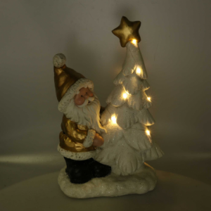 Babbo natale resina con albero e led bianco e oro cm 29x17,5h45